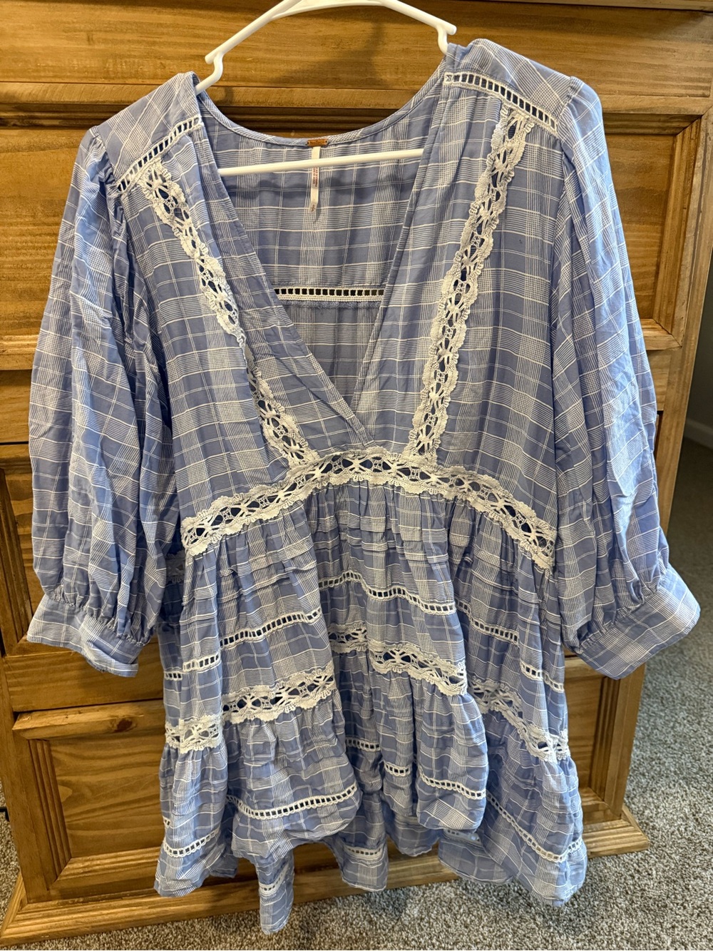 Free People Light Blue Checkered Lace-Trim Peasant Top